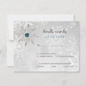 zilveren aqua snewflakes winterbruiloft rsvp kaart (Voorkant)