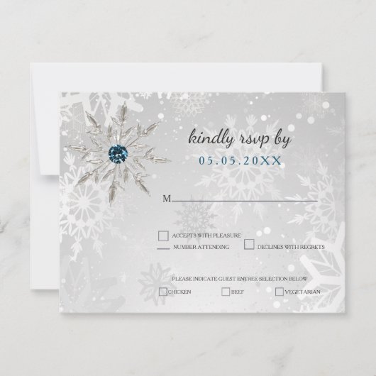 zilveren aqua snewflakes winterbruiloft rsvp kaart (Voorkant)