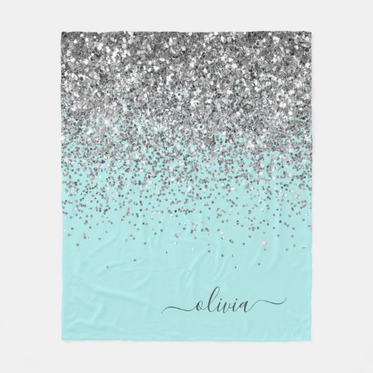 Zilveren Aqua Teal Blauwe Meisjesachtige Glitter M Fleece Deken (Voorkant)