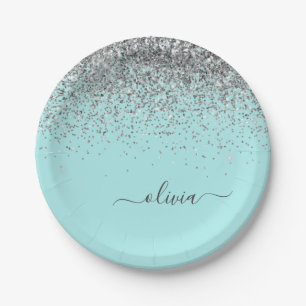 Zilveren Aqua Turquoise Blauwe Meisjesachtige Glit Papieren Bordje
