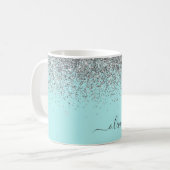 Zilveren Aqua Turquoise Blauwe Vrouwelijke Glitter Koffiemok (Voorkant links)