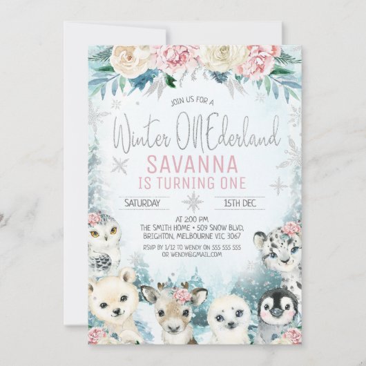 Zilveren Arctische Dieren Winter Onederland Verjaa Kaart (Voorkant)