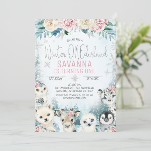 Zilveren Arctische Dieren Winter Onederland Verjaa Kaart (Staand voorkant)