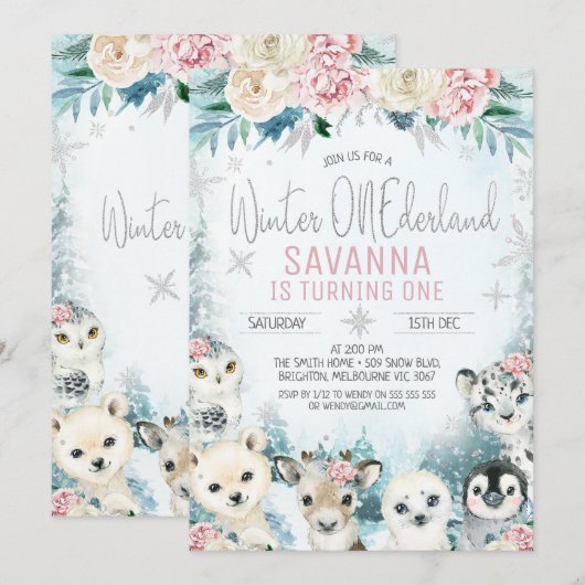 Zilveren Arctische Dieren Winter Onederland Verjaa Kaart (Voorkant / Achterkant)