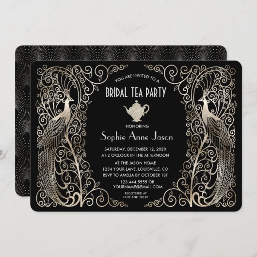 Zilveren Art Deco Pauw Bruiloft Thee Feestje Kaart (Voorkant / Achterkant)
