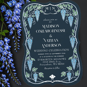 Zilveren Art Nouveau Blauwe Wisteria Bruiloft Kaart