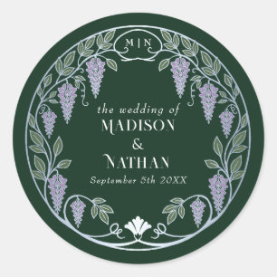 Zilveren Art Nouveau Paarse Wisteria Bruiloft Ronde Sticker