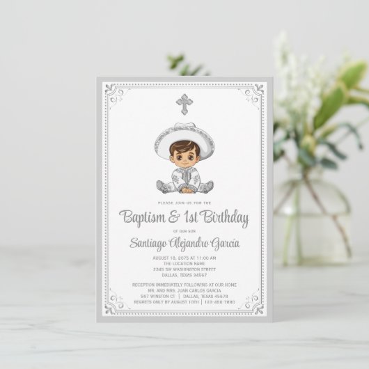 Zilveren Baby Charro Doop & Verjaardagsuitnodiging Kaart (Staand voorkant)