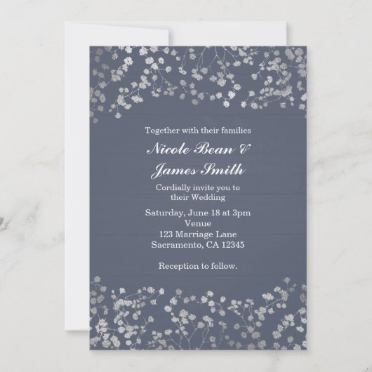 Zilveren Baby's Breath Blauwe Houten Trouwuitnodig Kaart (Voorkant)