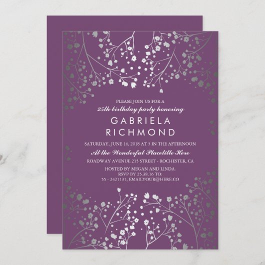 Zilveren Baby's Breath Elegante Pruim Verjaardagsf Kaart (Voorkant / Achterkant)