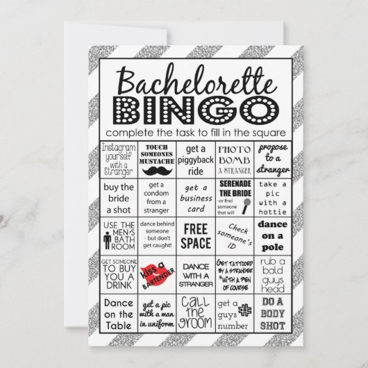 Zilveren Bachelorette Bingo, Feestspel, Uitdaging Kaart (Voorkant)