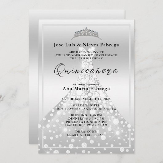Zilveren baljurk & Tiara Quinceañera Verjaardag Kaart (Voorkant / Achterkant)