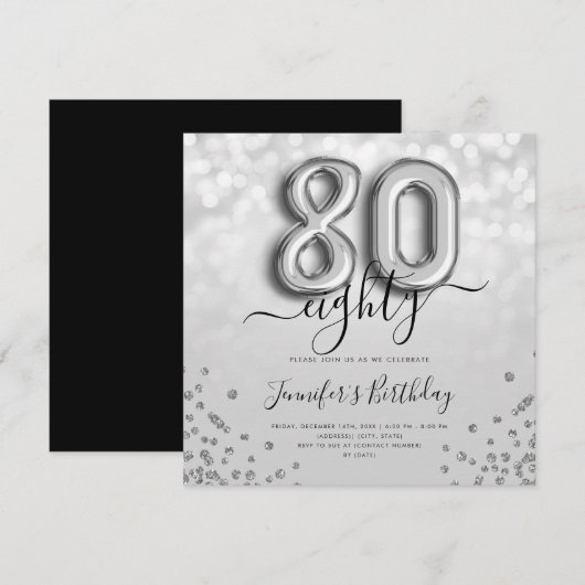 Zilveren ballon glitter 80ste verjaardag Party uit Kaart (Voorkant / Achterkant)