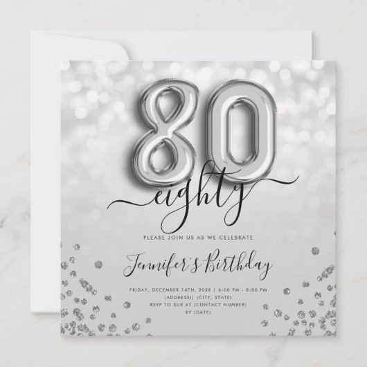 Zilveren ballon glitter 80ste verjaardag Party uit Kaart (Voorkant)