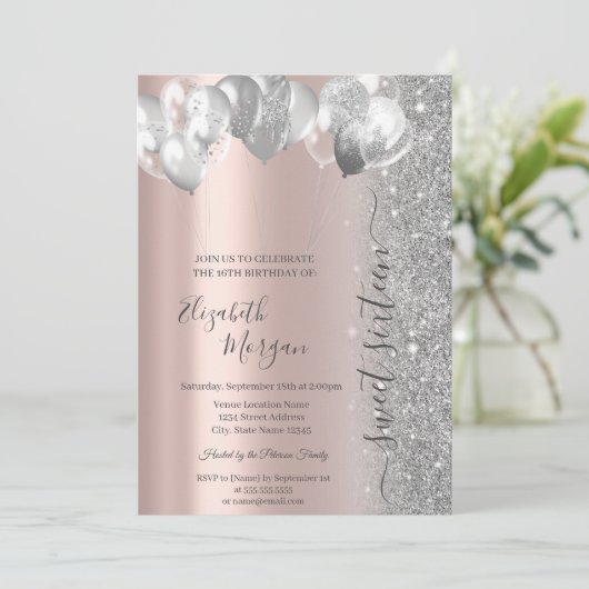 Zilveren ballonnen Glitter Roos Gold Sweet 16 Kaart (Staand voorkant)