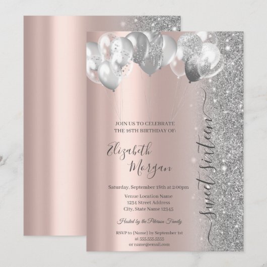 Zilveren ballonnen Glitter Roos Gold Sweet 16 Kaart (Voorkant / Achterkant)