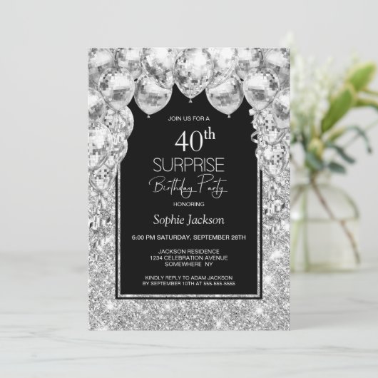 Zilveren ballonnen verrassen 40ste verjaardagsfees kaart (Staand voorkant)