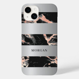 Zilveren banden, zwart & roze goud marmer, naam Case-Mate iPhone 14 hoesje
