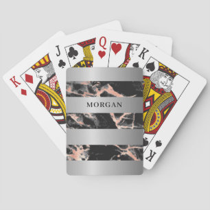 Zilveren banden, zwart & roze goud marmer, naam pokerkaarten