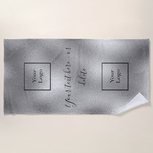 Zilveren bedrijfslogo zwart tekst zakelijk strandlaken (Voorkant)