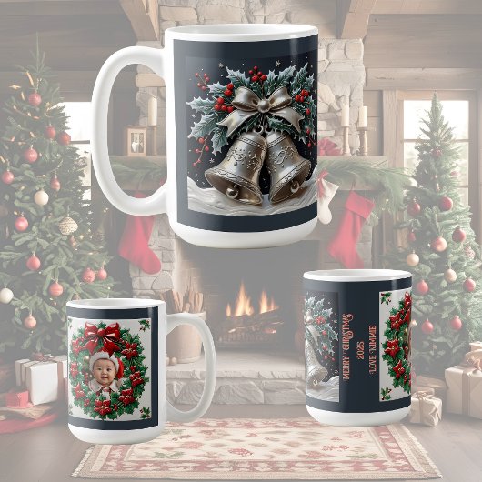 Zilveren Bellen en Hulst Kerst Aanpasbaar Koffiemok