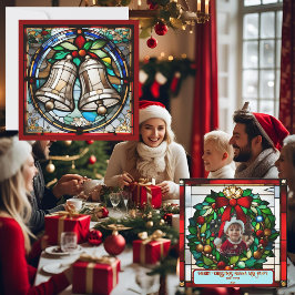 Zilveren Bellen Nep Gebrandschilderd Kerstkaart