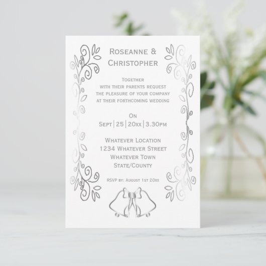 Zilveren Bellen Scrollwork Ontwerp Wedding Kaart (Staand voorkant)
