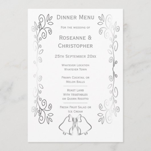 Zilveren Bellen Scrollwork Ontwerp Wedding Menu (Voorkant)