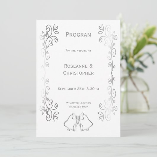 Zilveren Bellen Scrollwork Ontwerp Wedding Programmakaart (Staand voorkant)