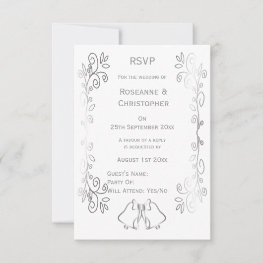 Zilveren Bellen Scrollwork Ontwerp Wedding RSVP Kaartje (Voorkant)