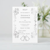 Zilveren Bellen Scrollwork Ontwerp Wedding RSVP Kaartje (Staand voorkant)