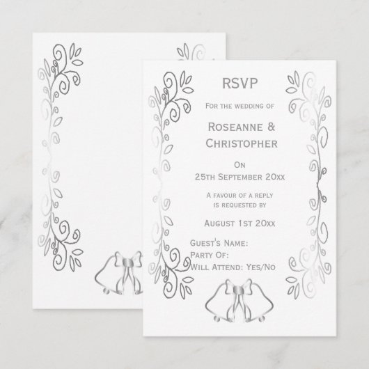 Zilveren Bellen Scrollwork Ontwerp Wedding RSVP Kaartje (Voorkant / Achterkant)