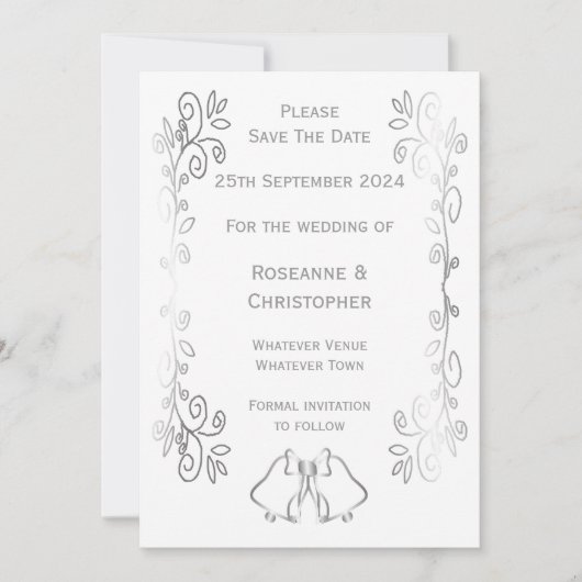 Zilveren Bellen Scrollwork Ontwerp Wedding Save The Date (Voorkant)