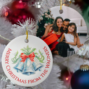 Zilveren belletjes waterverf rode strik Kerst foto Keramisch Ornament