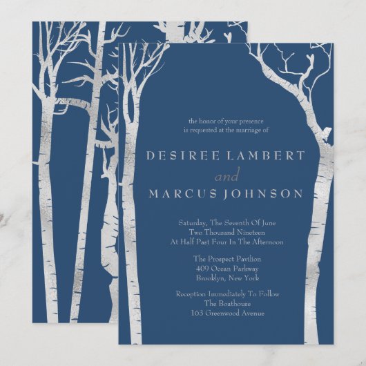 Zilveren berk bomen bruiloft uitnodigingen (Voorkant / Achterkant)