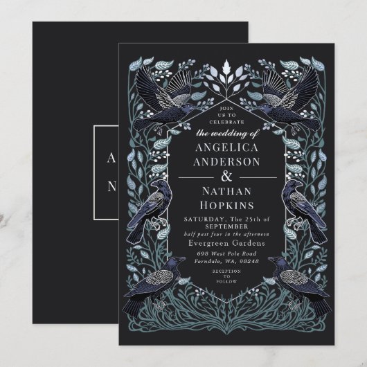 Zilveren Betoverde Gotische Huwelijksraaf Bloem Kaart (Voorkant / Achterkant)