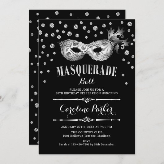 Zilveren Black Masquerade Ball Verjaardagsfeest Kaart (Voorkant / Achterkant)