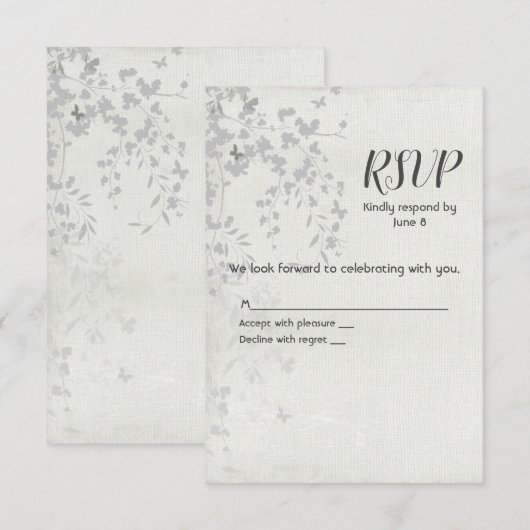 Zilveren blad en vlinder RSVP Kaartje (Voorkant / Achterkant)