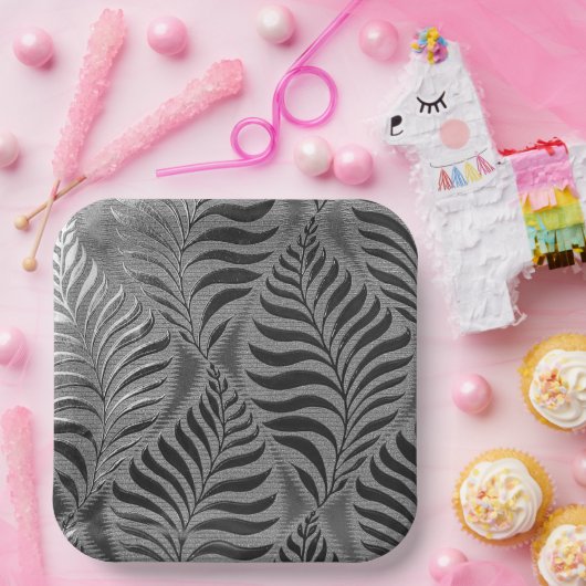 Zilveren blad motief vierkant papieren bordje (Feest)