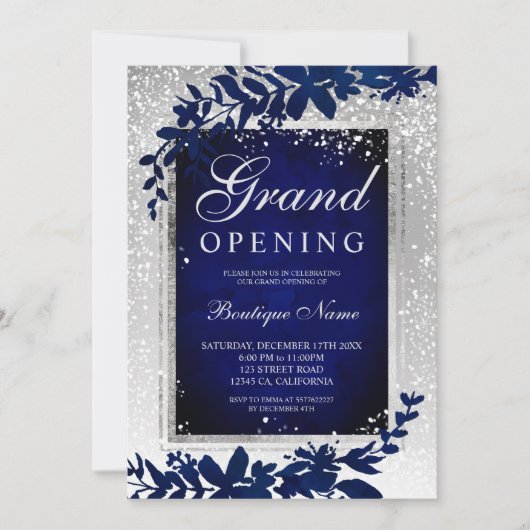 Zilveren blad sneeuw navy blauw Kerst grand openin Kaart (Voorkant)