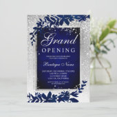 Zilveren blad sneeuw navy blauw Kerst grand openin Kaart (Staand voorkant)