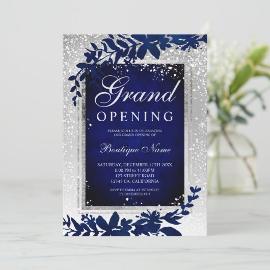 Zilveren blad sneeuw navy blauw Kerst grand openin Kaart (Staand voorkant)