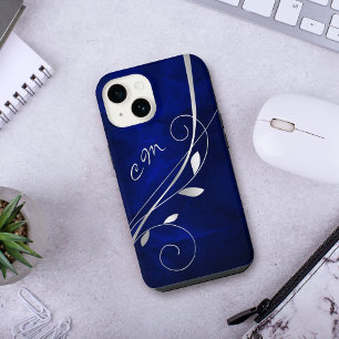 Zilveren Blad Werveling Koningsblauw Monogram iPhone 14 Hoesje