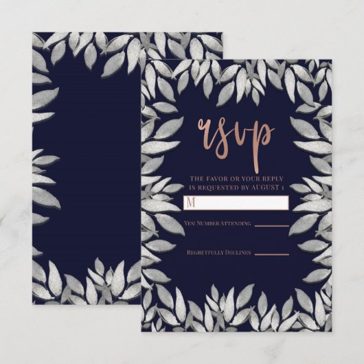 Zilveren Bladeren Botanische Glam Blauwe Roze Antw RSVP Kaartje (Voorkant / Achterkant)