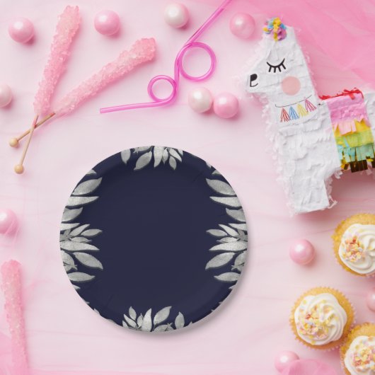 Zilveren Bladeren Botanische Glam Blauwe Roze Brui Papieren Bordje (Feest)