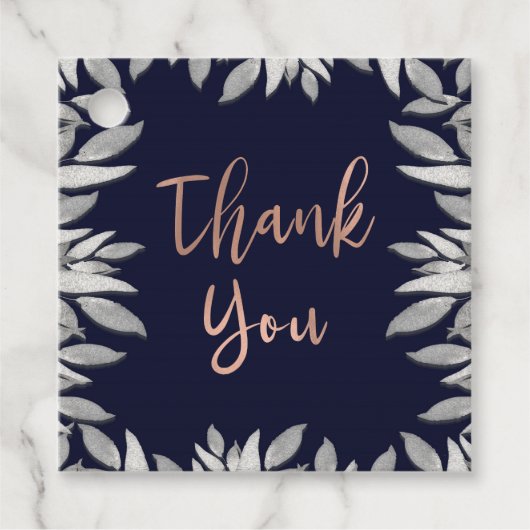 Zilveren Bladeren Botanische Glam Blauwe Roze Dank Bedankjes Labels (Voorkant)