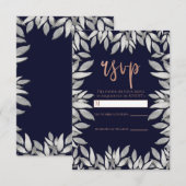 Zilveren Bladeren Botanische Glamour Blauw Roze Re RSVP Kaartje (Voorkant / Achterkant)
