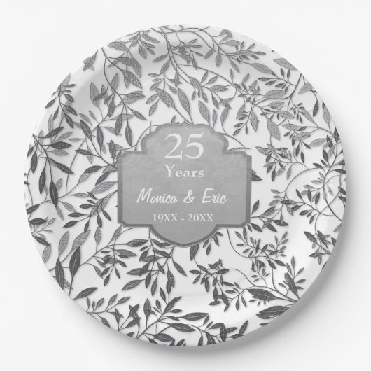 Zilveren bladeren op wit 25e Jubileum Papieren Bordje (Voorkant)