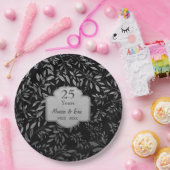Zilveren bladeren op zwart 25e Jubileum Papieren Bordje (Feest)