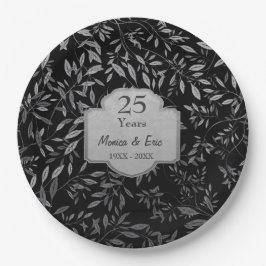Zilveren bladeren op zwart 25e Jubileum Papieren Bordje